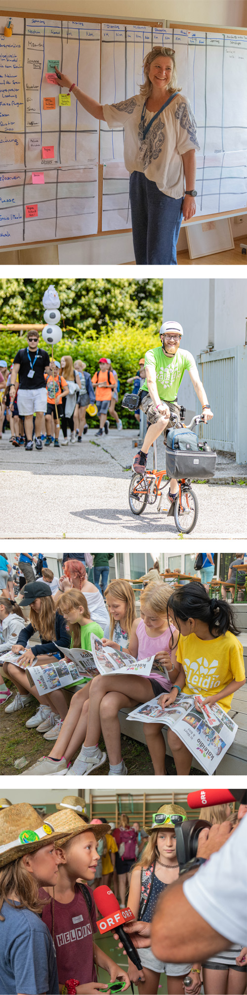 Kinder lesen Kaleidio-Zeitung. Fotograf am Fahrrad, Kinder werden interviewt